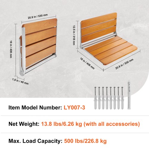 Folding Teak Shower Seat 209 x 16 Unfolded Wall Mounted Fold Up Shower