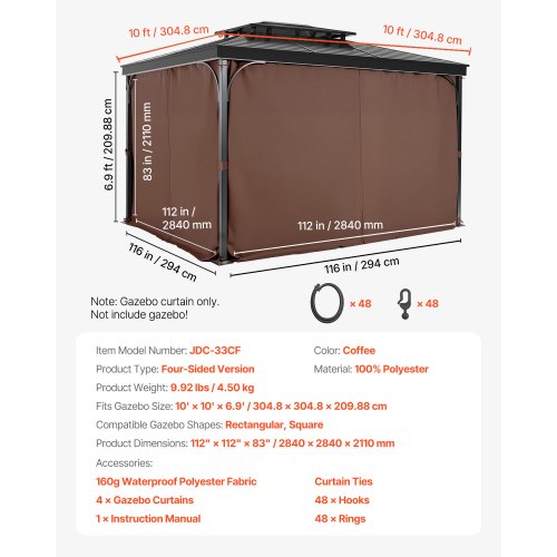 Gazebo Curtains Outdoor Fit Most 10 x 10 x 69 Gazebos 4Panel Sidewall