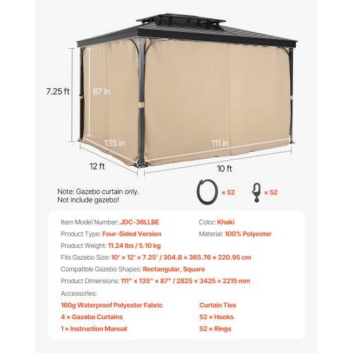 Gazebo Curtains Outdoor 12 x 10 x 73 Gazebos 4Panel Sidewall Gazebo