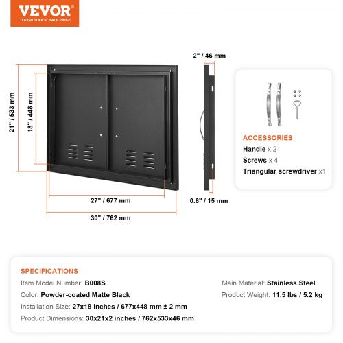 BBQ Access Door 30W x 21H Inch Double Outdoor Kitchen Door Cold Plate