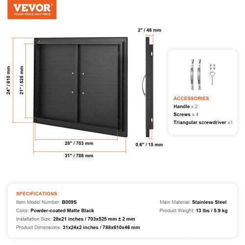 BBQ Access Door 31W x 24H Inch Double Outdoor Kitchen Door Cold Plate