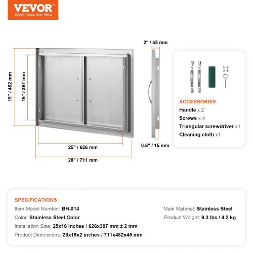 BBQ Access Door 28W x 19H Inch Double Outdoor Kitchen Door Stainless Steel