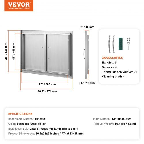 BBQ Access Door 30W x 21H Inch Double Outdoor Kitchen Door Stainless Steel