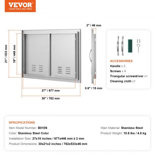 BBQ Access Door 30W x 21H Inch Double Outdoor Kitchen Door Stainless Steel