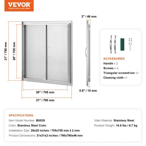 BBQ Access Door 31W x 31H Inch Double Outdoor Kitchen Door Stainless Steel
