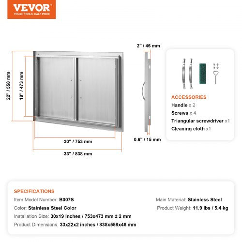 BBQ Access Door 33W x 22H Inch Double Outdoor Kitchen Door Stainless Steel