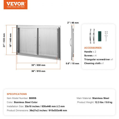 BBQ Access Door 36W x 21H Inch Double Outdoor Kitchen Door Stainless Steel