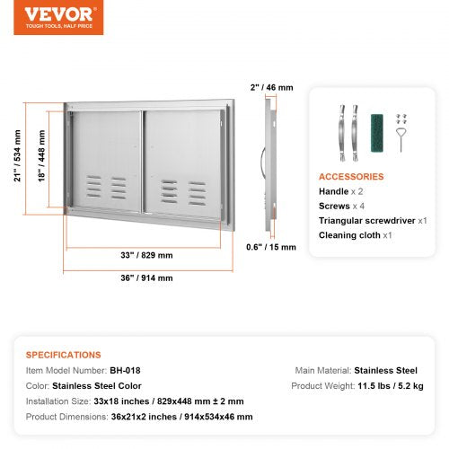 BBQ Access Door 36W x 21H Inch Double Outdoor Kitchen Door Stainless Steel