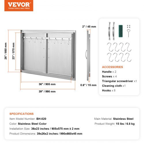 BBQ Access Door 39W x 26H Inch Double Outdoor Kitchen Door Stainless Steel