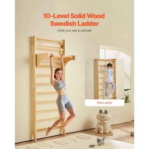 Swedish Ladder Wall Gym 10Level Solid Wood Indoor Jungle Gym 220lbs