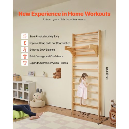 Swedish Ladder Wall Gym 10Level Solid Wood Indoor Jungle Gym 220lbs