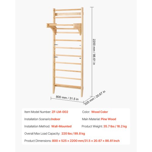 Swedish Ladder Wall Gym 10Level Solid Wood Indoor Jungle Gym 220lbs