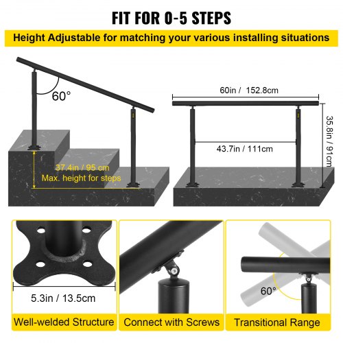 Outdoor Stair Railing Kit 5 FT Handrails 05 Steps Adjustable Angle Black
