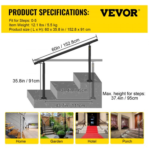 Outdoor Stair Railing Kit 5 FT Handrails 05 Steps Adjustable Angle Black