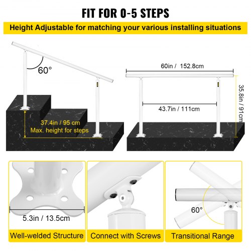 Outdoor Stair Railing Kit 5 FT Handrails 05 Steps Adjustable Angle White