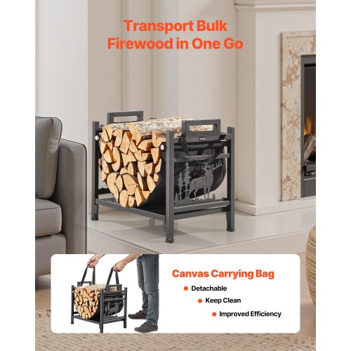 Indoor Firewood Rack 1.5 ft Curved Log Holder with Canvas Carrier 40lb