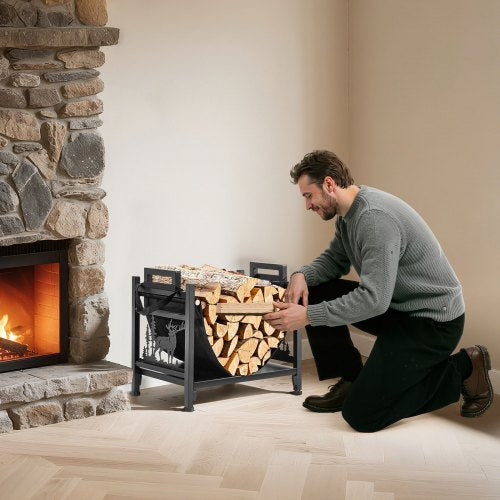 Indoor Firewood Rack 1.5 ft Curved Log Holder with Canvas Carrier 40lb