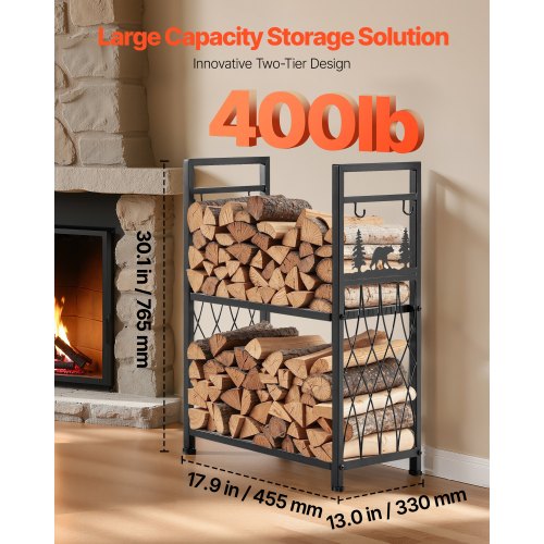 Indoor Firewood Rack 1.3 ft 2Tier Firewood Holder with Fireplace Tools