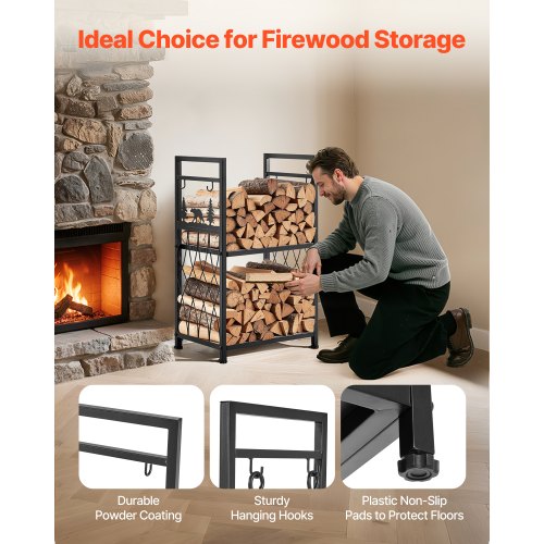 Indoor Firewood Rack 1.3 ft 2Tier Firewood Holder with Fireplace Tools