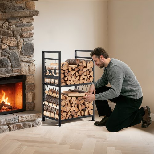 Indoor Firewood Rack 1.3 ft 2Tier Firewood Holder with Fireplace Tools