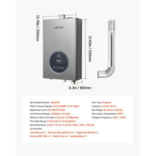 Propane Tankless Water Heater 4.3Gal Indoor 100000 BTU Instant Hot Water