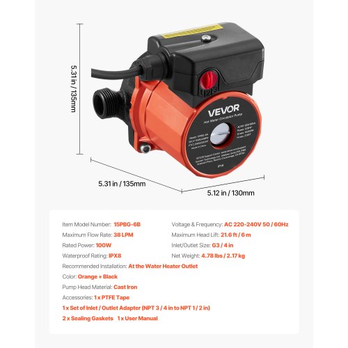 Hot Water Recirculating Pump 10 GPM Instant Circulation Circulator Pump 1