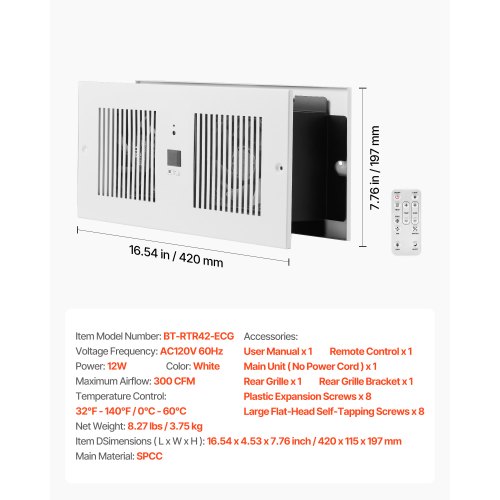 4Inch Room to Room Fan 2in1 300 CFM Through Wall Fan with Remote Control