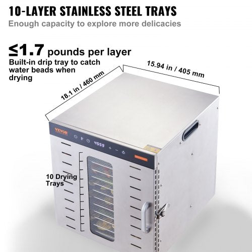 Food Dehydrator Machine 10 Stainless Steel Trays 1000W Electric Food Dryer
