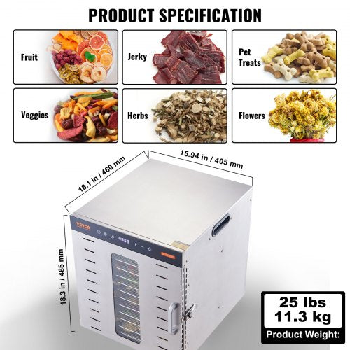 Food Dehydrator Machine 10 Stainless Steel Trays 1000W Electric Food Dryer