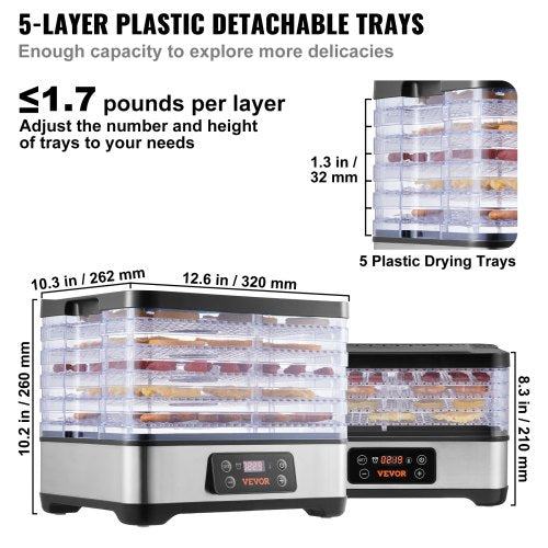 Food Dehydrator Machine 5Tray Fruit Dehydrator 300W Electric Food Dryer