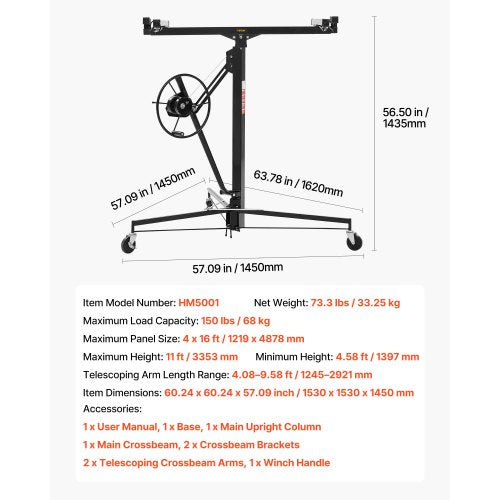 11ft Drywall Lift HeavyDuty 150 lbs Sheetrock Hoist with Adjustable 1