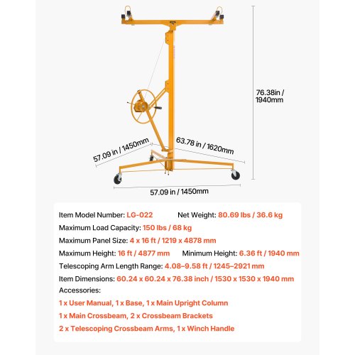 16ft Drywall Lift HeavyDuty 150 lbs Sheetrock Hoist with Adjustable