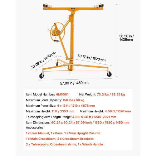 11ft Drywall Lift HeavyDuty 150 lbs Sheetrock Hoist with Adjustable 2