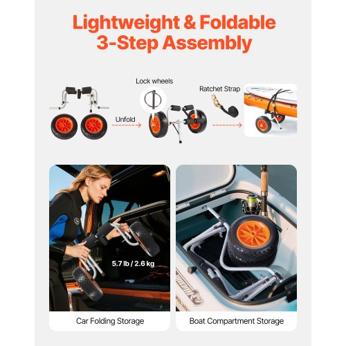 Kayak Cart 200 lbs Load Capacity Foldable Kayak Trolley with 10inch Solid