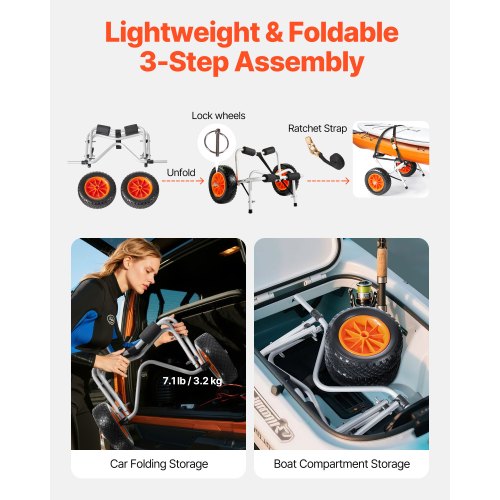 Kayak Cart 250 lbs Load Capacity Foldable Kayak Trolley with 10inch Solid
