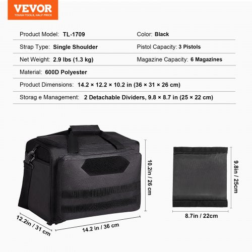 Range Bag for 3 Pistols Tactical Gun Range Bag Single Shoulder Strip Black – 9 L