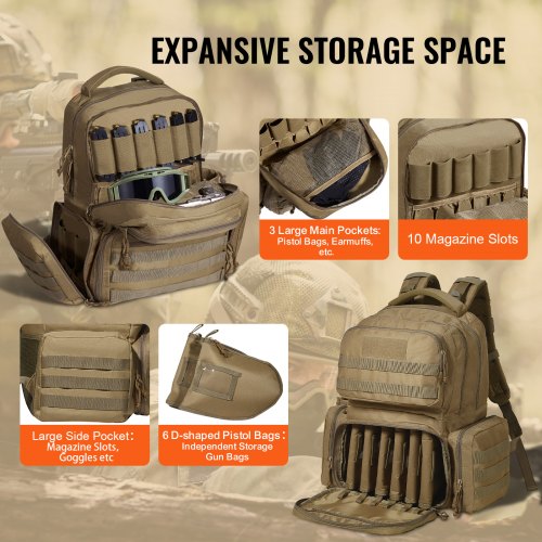 Tactical Range Backpack for 6 Pistols Gun Backpack BrownRange Bag for 6 Pistols