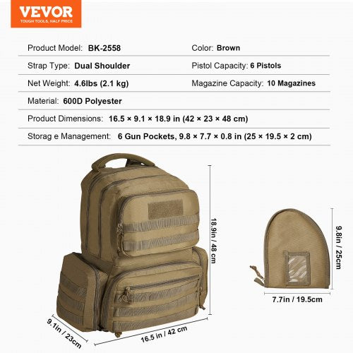 Tactical Range Backpack for 6 Pistols Gun Backpack BrownRange Bag for 6 Pistols