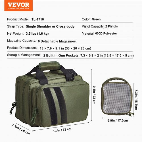 Range Bag for 2 Pistols Tactical Gun Bag 2 Builtin Pistol Bags GreenRange