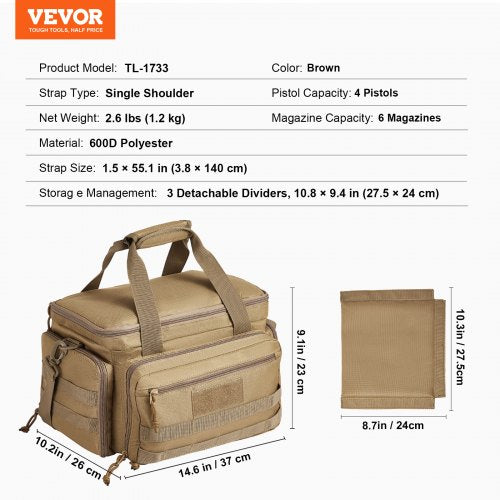 Range Bag for 4 Pistols Tactical Gun Range Bag Single Shoulder Strip Brown – 6 L