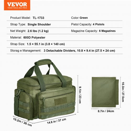 Range Bag for 4 Pistols Tactical Gun Range Bag Single Shoulder Strip Green – 6 L