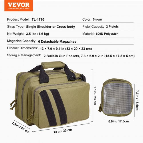 Range Bag for 2 Pistols Tactical Gun Bag 2 Builtin Pistol Bags BrownRange