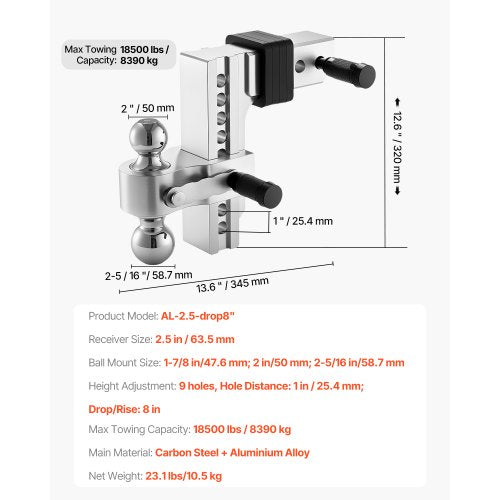 Adjustable Trailer Hitch 8Inch Drop Hitch TriBall Mount for 2.5Inch