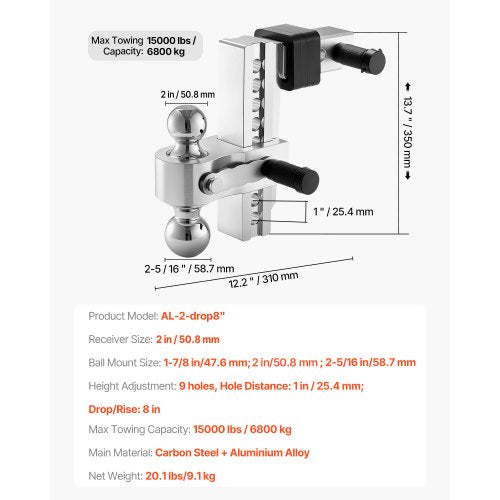 Adjustable Trailer Hitch 8Inch Drop Hitch TriBall Mount for 2Inch Hitch