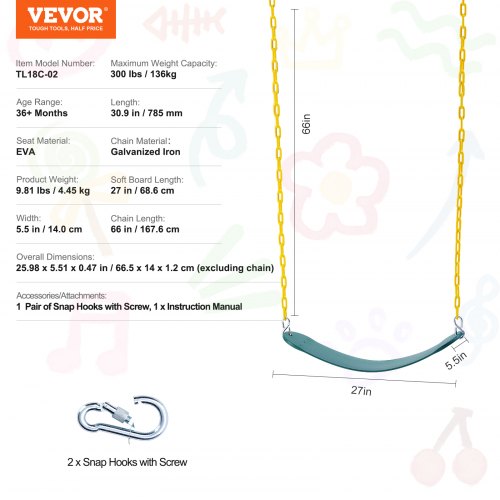 2Pack Swing Seats with 66 Inch Coated Chains and Snap Hooks Support 300