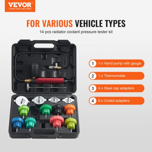 14 pcs Universal Radiator Pressure Tester Kit Coolant Pressure Tester Kit