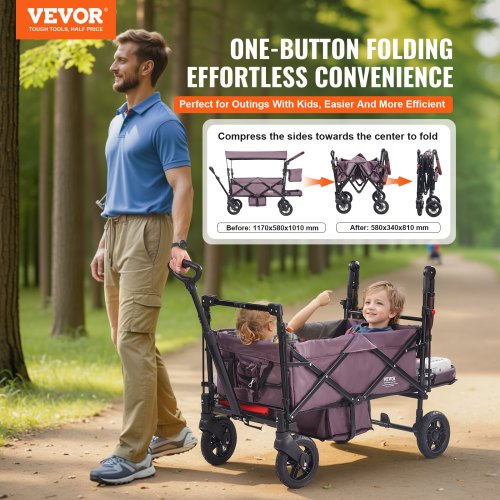 Wagon Stroller for 2 Kids Push Pull Quad Collapsible Stroller with Adjustable