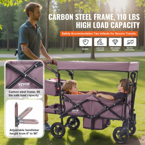 Wagon Stroller for 2 Kids Push Pull Quad Collapsible Stroller with Adjustable