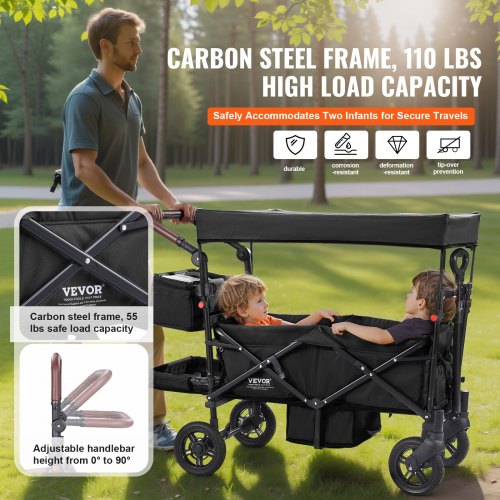 Wagon Stroller for 2 Kids Push Pull Quad Collapsible Stroller with Adjustable