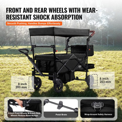 Wagon Stroller for 2 Kids Push Pull Quad Collapsible Stroller with Adjustable